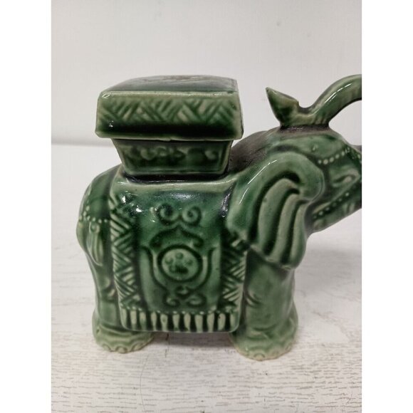 Vintage Green Majolica Pottery Ceramic Elephant Figurine Trunk Up Hand Painted - Picture 2 of 8